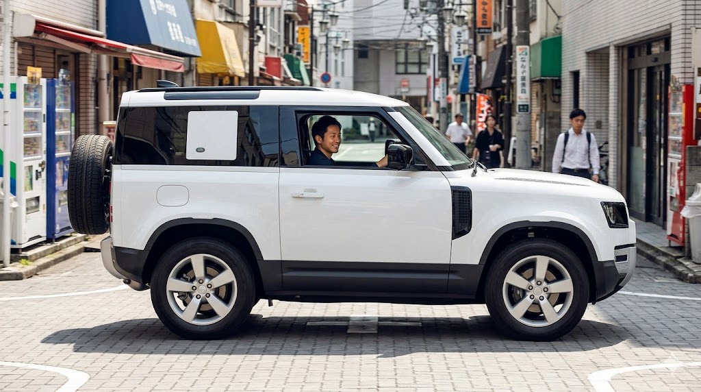 東京の狭い街並みをスムーズに走る、取り回しの良い3ドアのランドローバー ディフェンダー 90と、笑顔の日本人ドライバー。