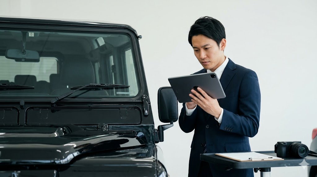 中古車販売店で、黒色のランドローバー ディフェンダーのフロントガラス越しにVIN番号（車両識別番号）をタブレットで入念に確認する日本人査定士。