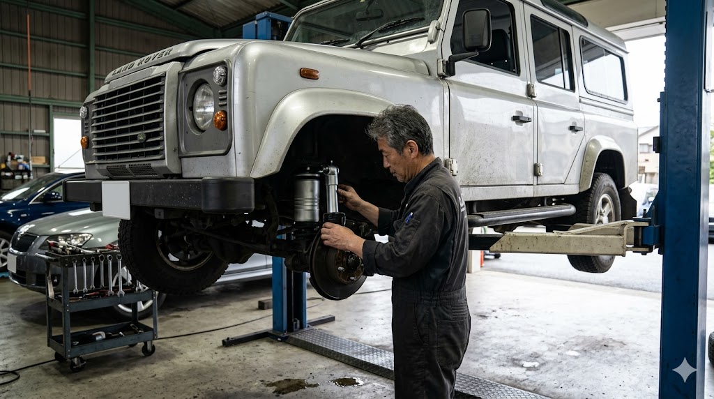 リフトアップされたランドローバー ディフェンダーの足回りを、輸入車専門の整備工場で丁寧にメンテナンスするベテラン日本人メカニック。