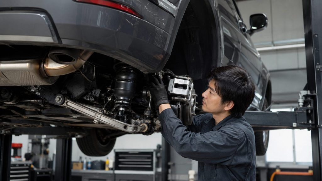 整備工場で日本人整備士が大型SUVのエアサスペンションを点検する様子