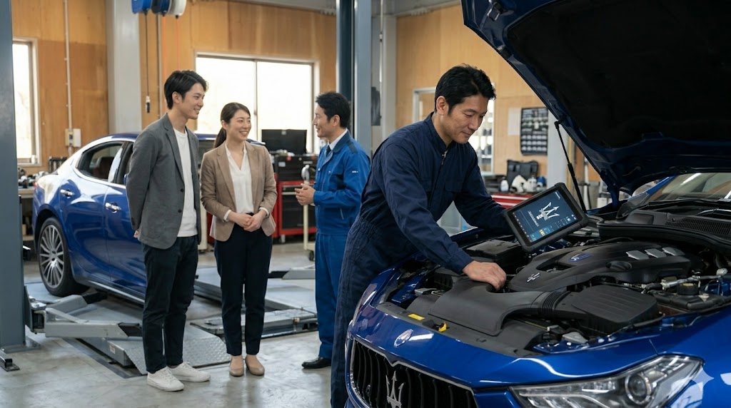 輸入車専門整備工場で、青いマセラティギブリのエンジンを点検するベテラン日本人整備士。タブレットで診断データを解説し、横に立つオーナーの日本人女性(image_0.pngと同じ女性)が真剣に聞き入る。信頼と専門性が感じられる風景
