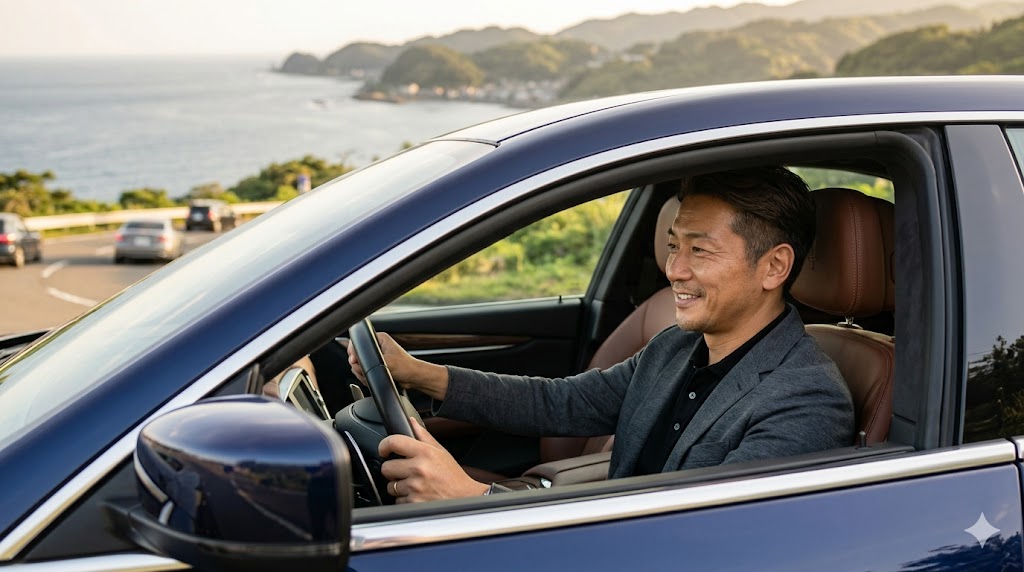 マセラティギブリを後悔なく所有し、洗練された日本の街並みをドライブする満足げなアジア人オーナー
