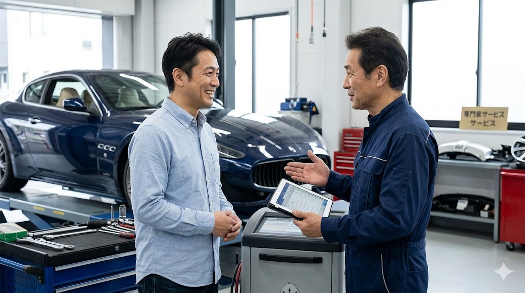 清潔で整理されたマセラティ専門工場の内部。ベテランの日本人主治医（メカニック）が、診断機を手に日本人オーナーと笑顔で信頼深げに話している。奥には別のグラントゥーリズモが整備されている。