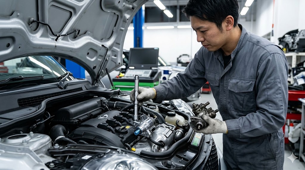 専門店で、初代ミニクラブマン（R55型 クーパーS）のN14/N18エンジンから、故障の原因となる高圧燃料ポンプを取り外し、新品と交換しようとする日本人整備士。