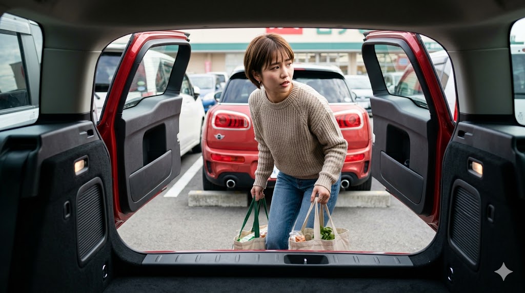 スーパーの駐車場で、隣の車との間隔が狭く、観音開きドアを全開にできず荷物の積み込みに苦戦する日本人女性。リアドアが外側に大きく開く構造による不便さを視覚化。