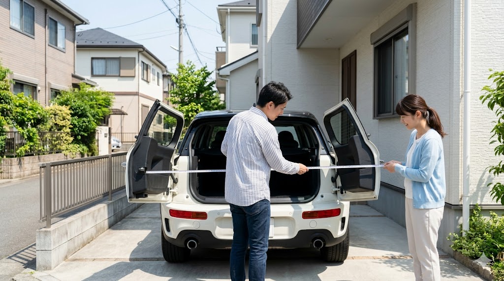 自宅の駐車場（日本の戸建て）で、購入検討中のF54型ミニクラブマン（実車）のリアに日本人夫婦が立ち、観音開きドアを全開にした状態で後ろの壁までの距離をメジャーで測っている。納車後の後悔を防ぐシミュレーションの様子。