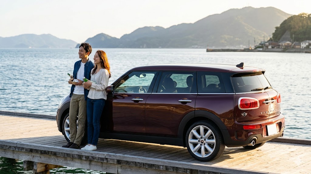 夕暮れ時の日本の海岸沿い。しっかりと予防整備され、輝きを保った burgundy（ワインレッド）のF54型ミニクラブマンの隣で、リラックスして海を眺める笑顔の日本人カップル。リスクを理解し、適切に付き合うことで得られる幸せな外車ライフを表現。