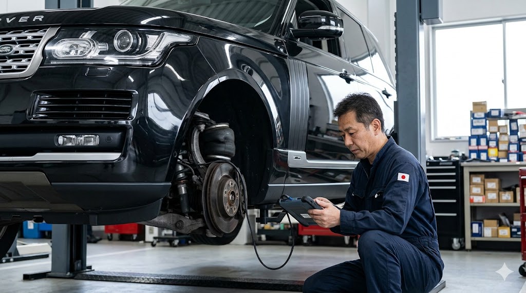整備工場にて、少し車高が下がった黒いレンジローバーの足回りを点検するアジア人整備士。露出したエアサスペンションの複雑な機構と、故障リスクの高さを専門的な視点から示唆するシーン。