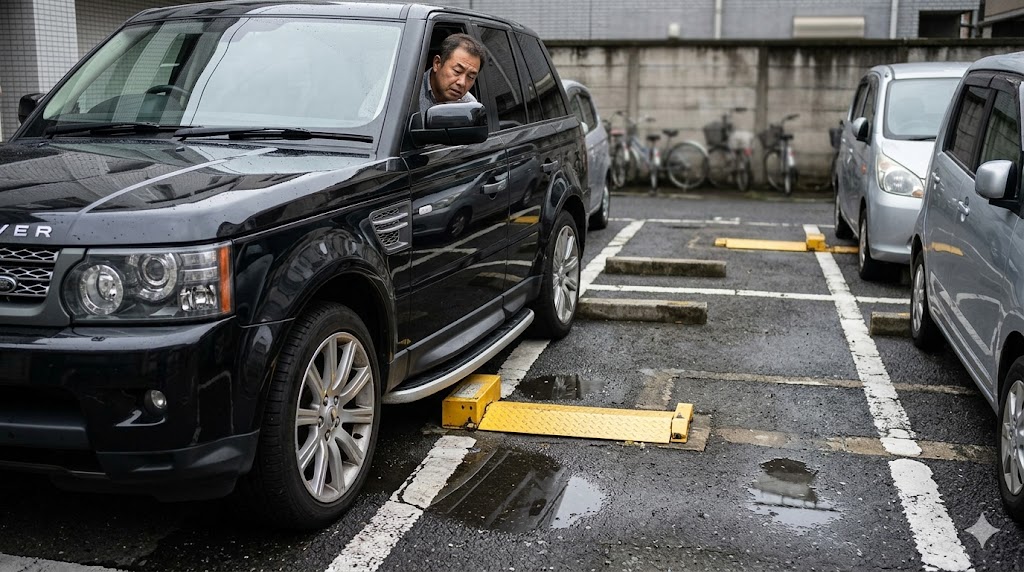 狭い日本のフラップ式コインパーキングに駐車しようとする黒いレンジローバー。アジア人男性が運転席から展開式サイドステップとフラップ板との干渉を気にする様子