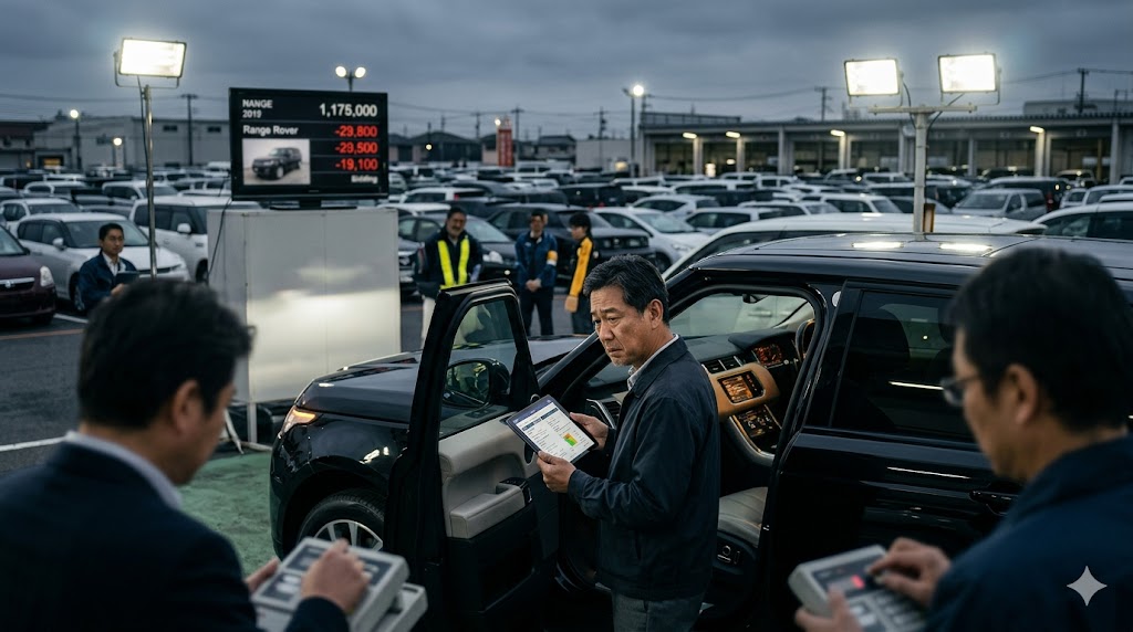 自動車オークション会場にて、5年落ちと思われる黒いレンジローバーの状態を点検するアジア人男性。タブレット端末の低い査定結果を見て、厳しい表情を浮かべる様子。